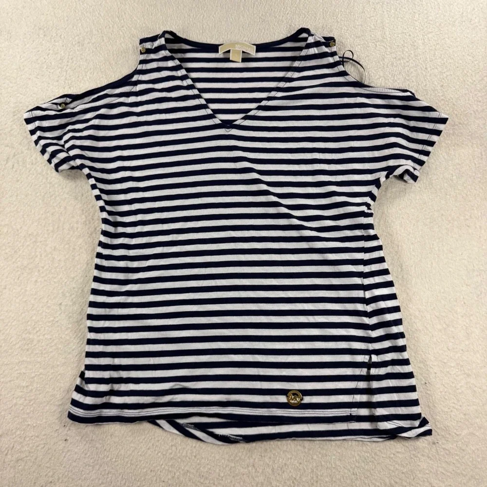 Michael Kors Cold Shoulder Top Womens Small Navy White Striped V-Neck Excellent